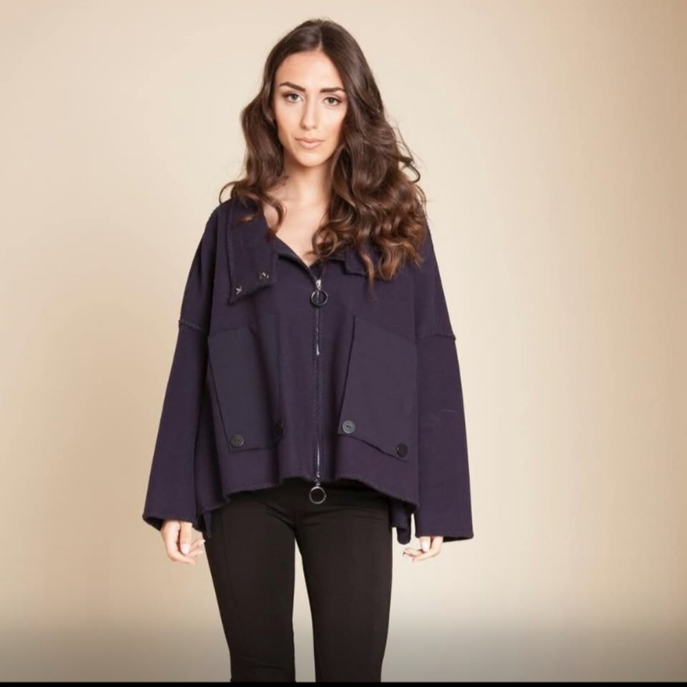 Patrizia Luca Milano Size M/L Blue Jacket Asymmetric Zip Up Raw Hem